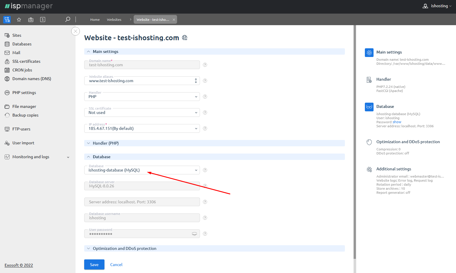 Select your database in website settings