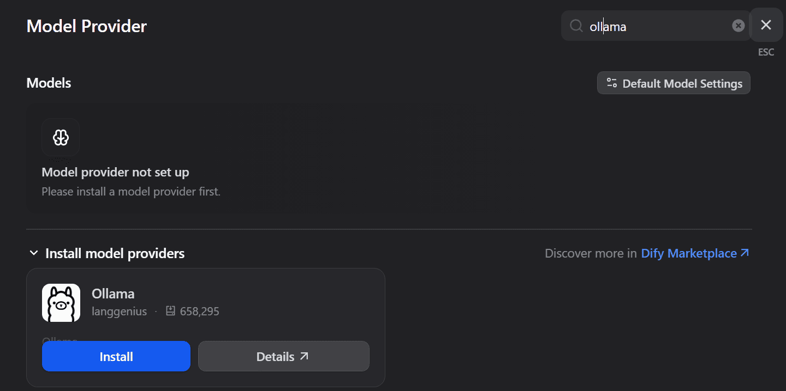 Dify Model Provider — searching and installing Ollama