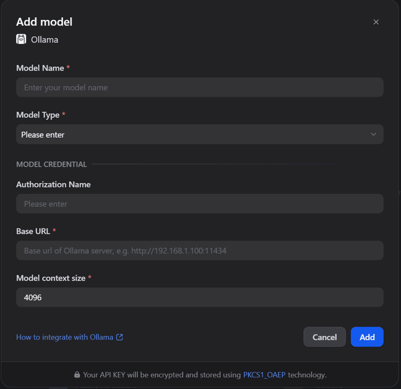 Dify Add Model form for Ollama