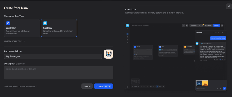 Dify Create from Blank — selecting Chatflow app type