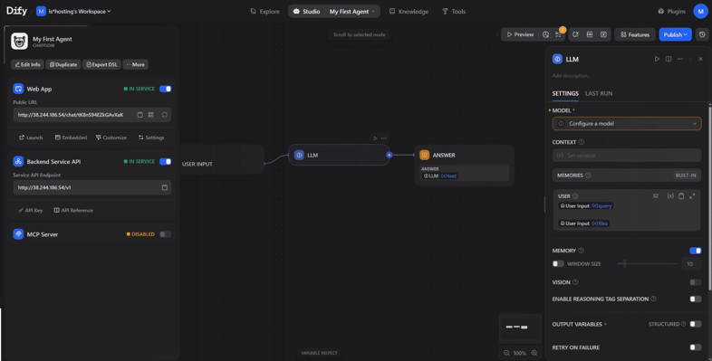 Dify Chatflow editor with LLM node and publish options