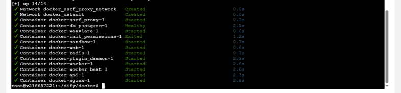 Docker compose up output showing all Dify containers started