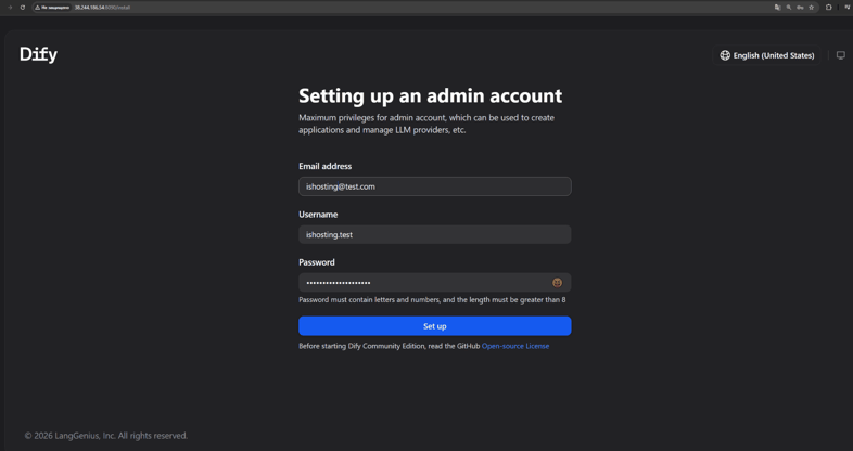 Dify setup wizard — creating an admin account