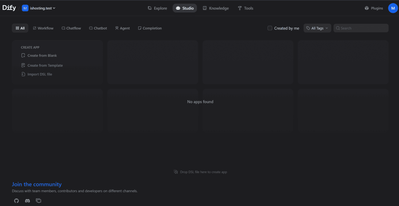 Dify Studio dashboard — ready to create apps