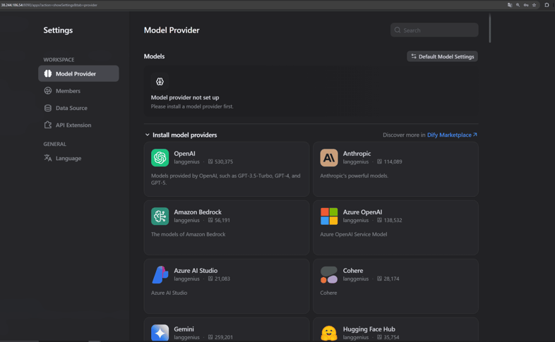 Dify Settings — Model Provider page with available AI providers